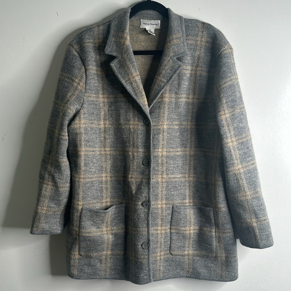 Rena Rowan wool plaid knit cardigan jacket size XlArge gray beige outlander - Picture 1 of 6